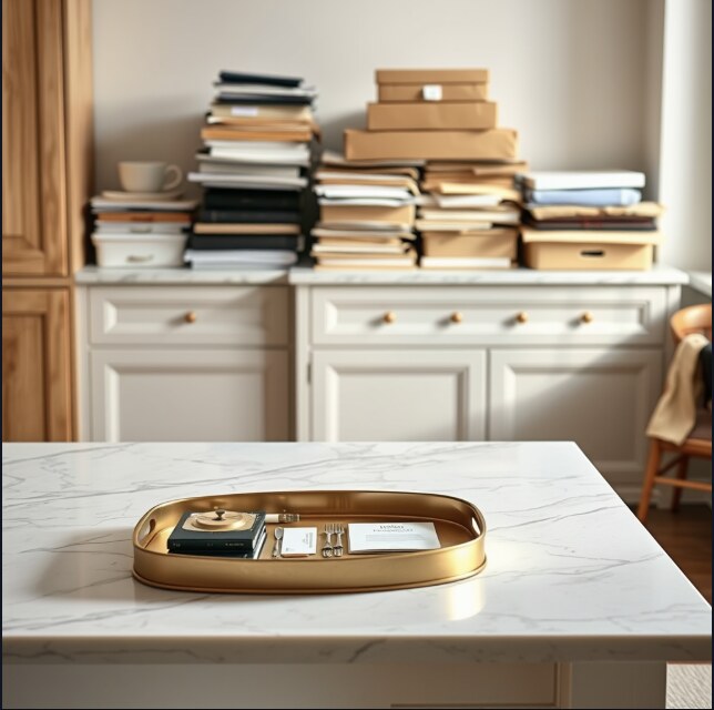 A marble kitchen island with a tray of things slightly out of order in the foreground, while a second surface further back is stacked past capacity with boxes and folders.