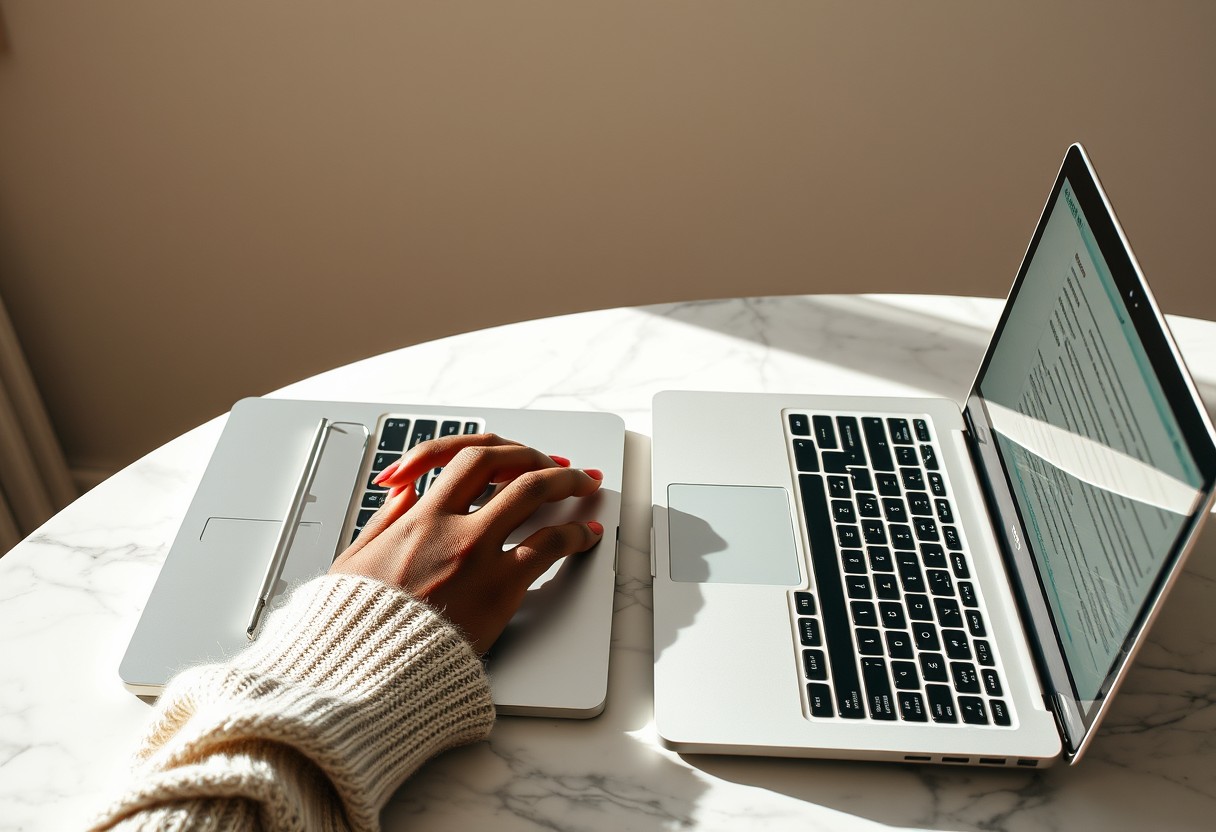 A Black woman with a considered manicure typing the same information into two open laptops side by side at a marble desk, focused and diligent. Natural daylight, real texture in wool and marble.