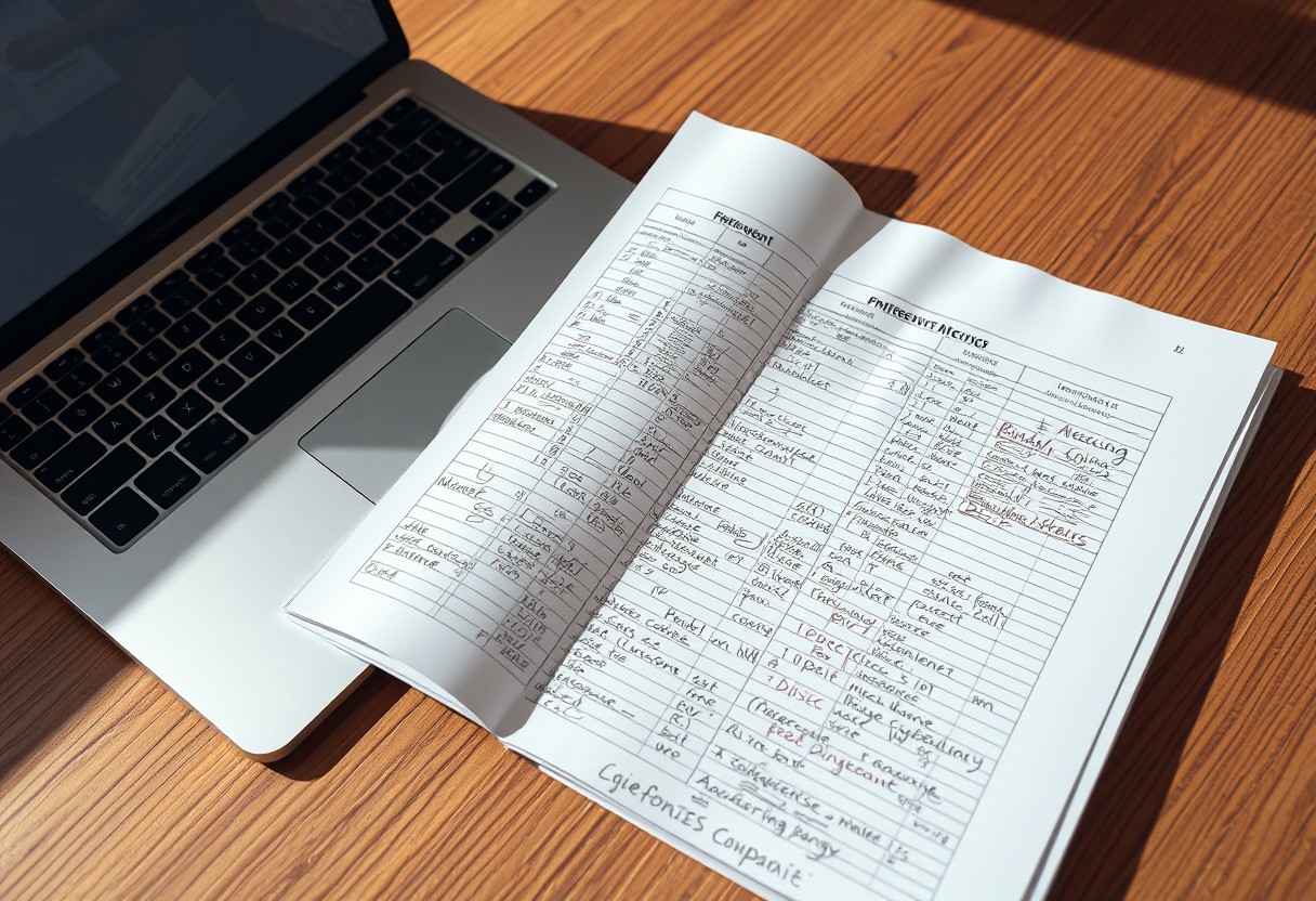 A single spreadsheet printed and covered in handwritten cross-references, sitting closed beside an unbranded laptop, orderly but clearly duplicated effort. Warm daylight, real texture in paper and wood.