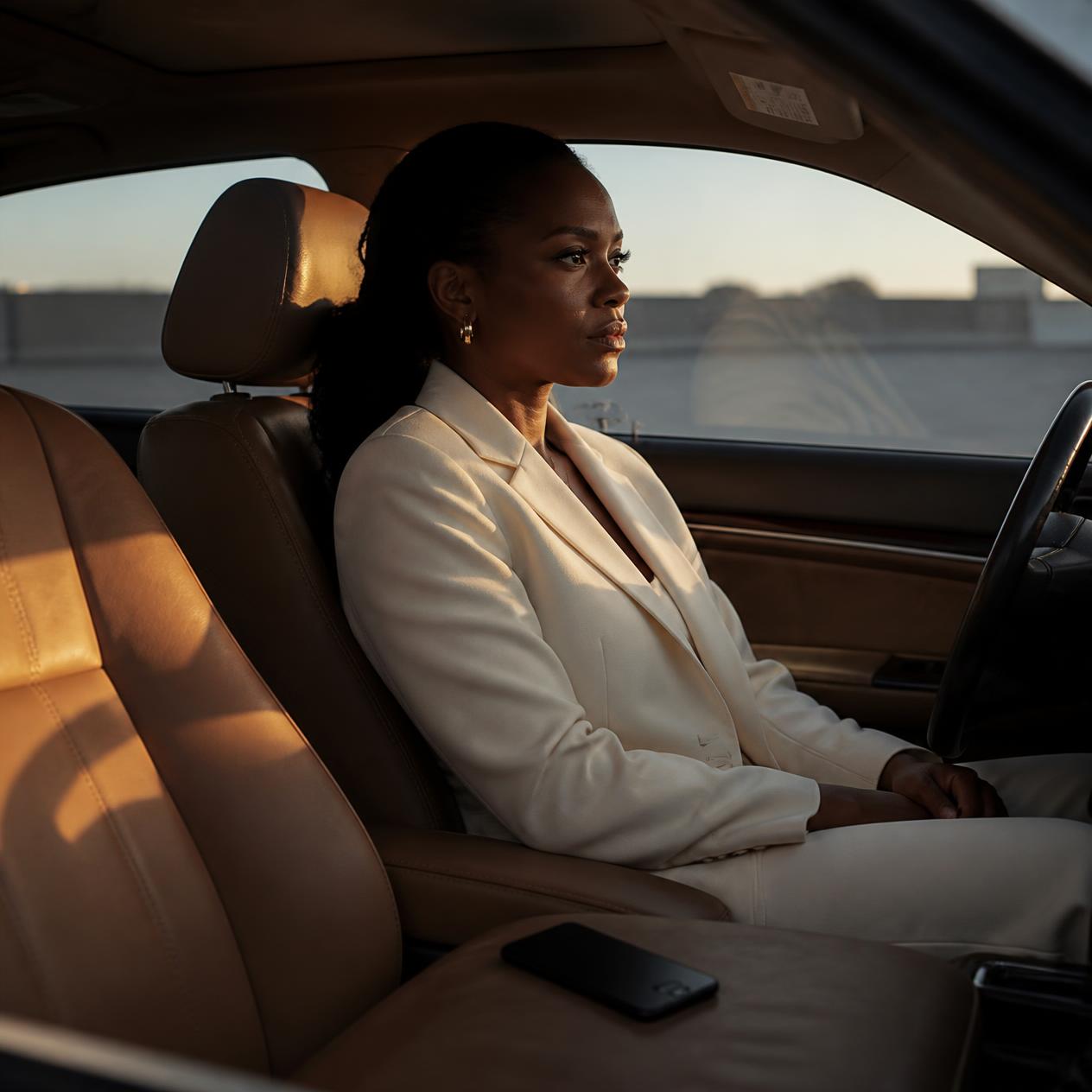 A Black woman sitting alone in a parked car in warm late-afternoon light, her phone face-down on the passenger seat, looking out through the windscreen.