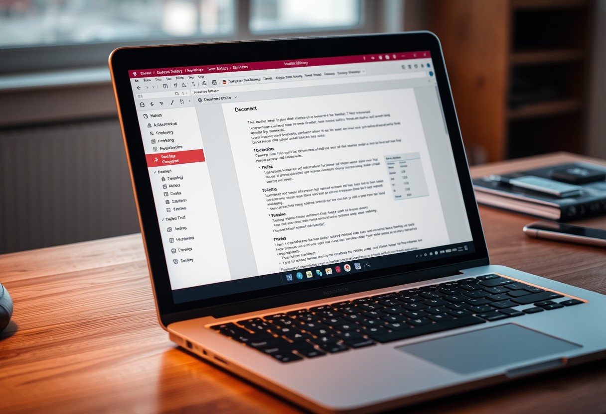 A laptop screen showing a document's version history panel open in a side menu, soft interface glow, unbranded browser chrome. Warm desk light, real texture in wood and brushed metal.