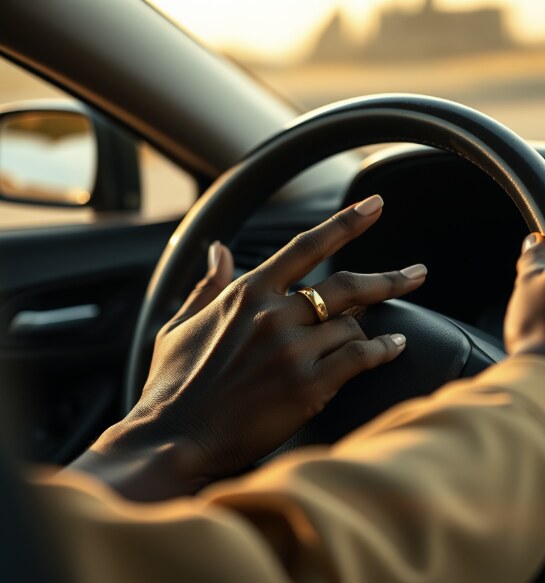 A Black woman's hands, manicured, resting easily on a steering wheel, entirely relaxed and in control, one gold ring catching the light.