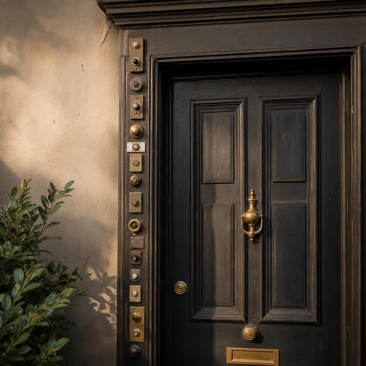 A warm front door in dark painted wood with aged brass fittings and far too many doorbells crowded around the frame.