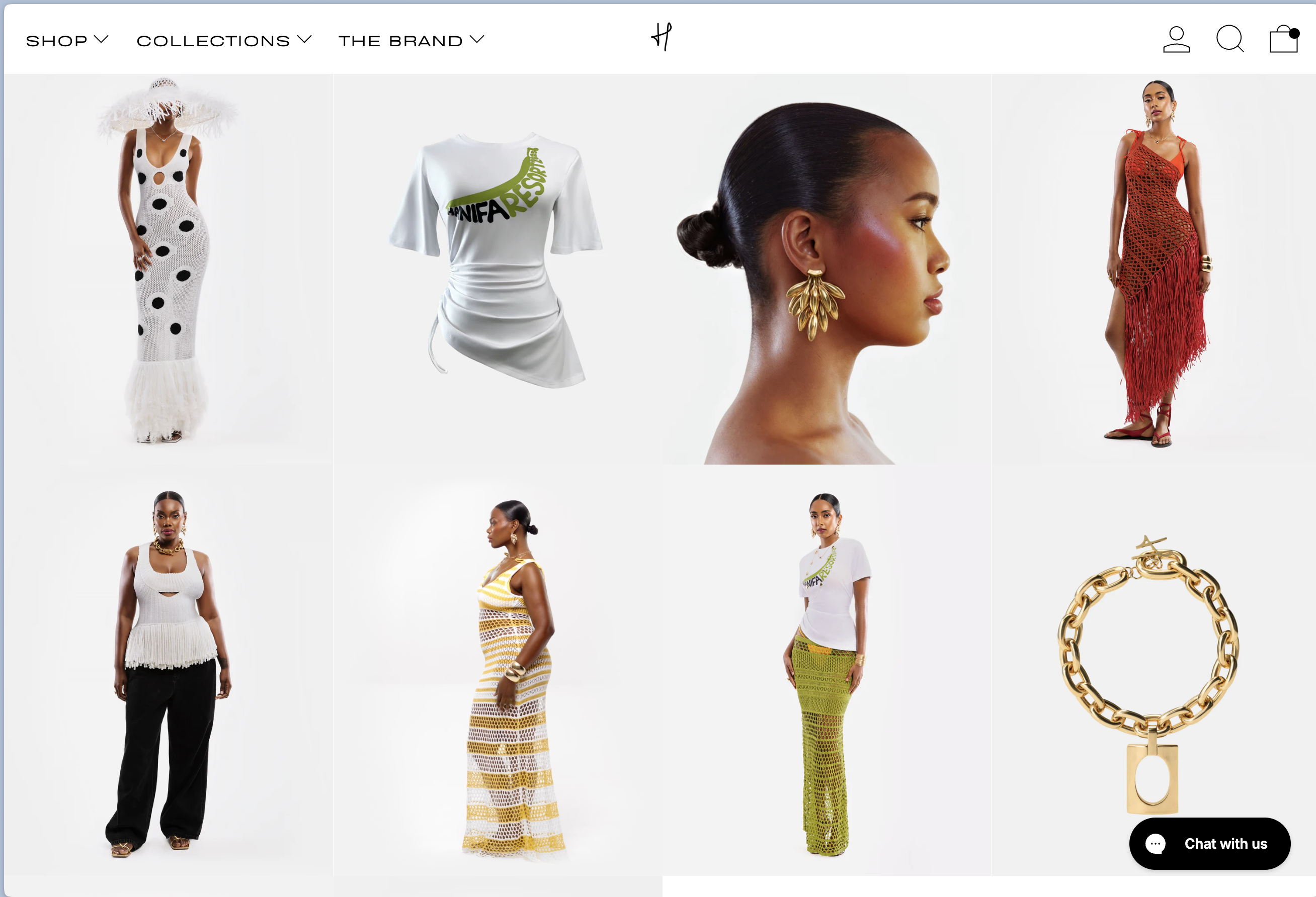 The Hanifa online store — a grid of collection pieces including a polka-dot gown, knitwear, a red draped dress and gold jewellery, with a live chat button in the corner.