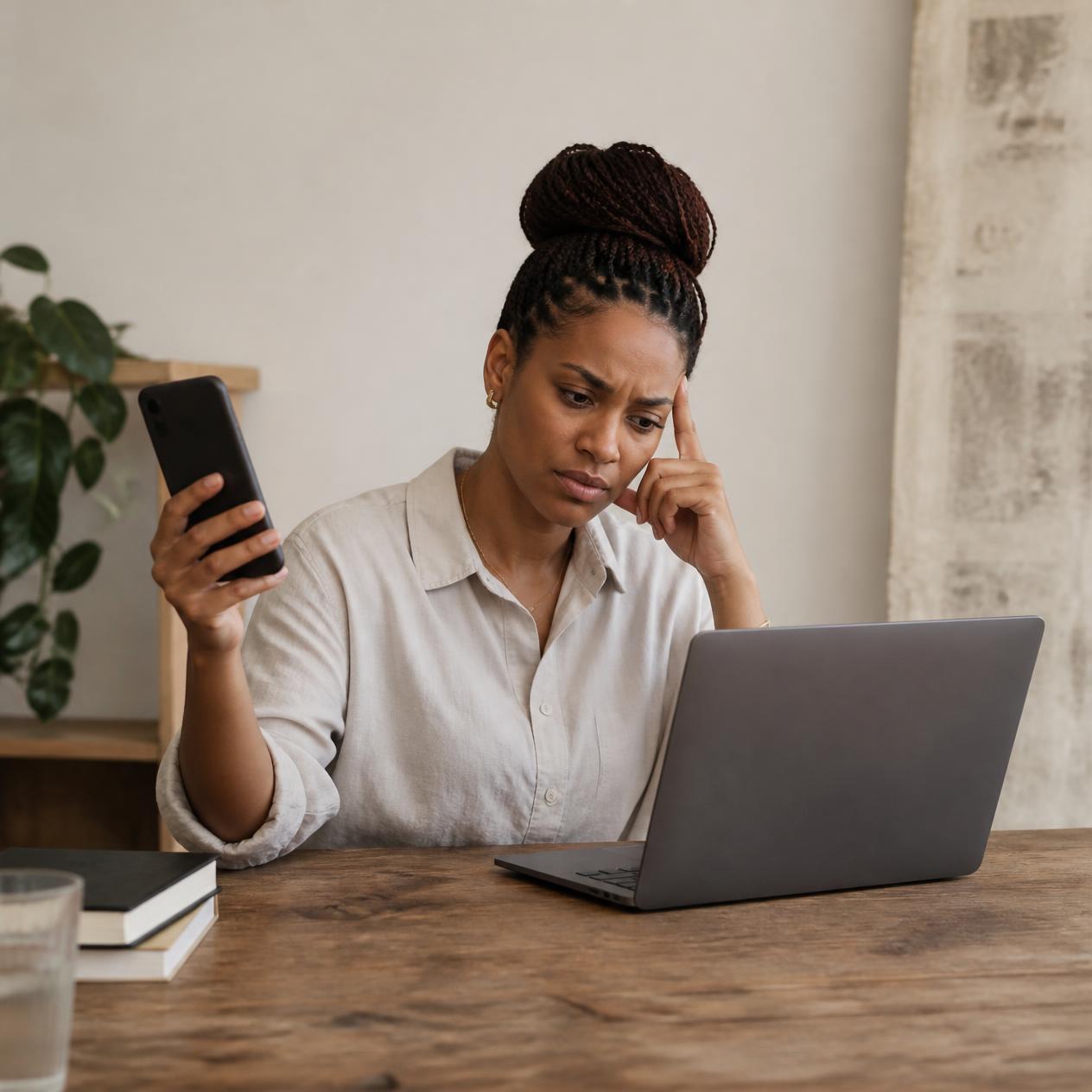 A Black woman at a desk, phone in one hand and an unbranded laptop open in front of her, brow furrowed with the effort of connecting the two.