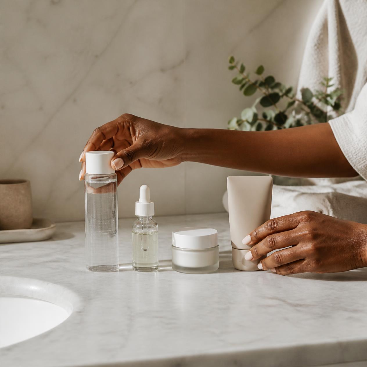 A Black woman's hands arranging a skincare routine in careful sequence on a marble counter β toner, serum, moisturizer, SPF β each placed in deliberate order.