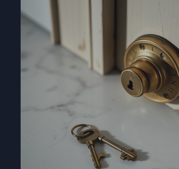 A single worn key on a marble counter beside a heavy door lock that has clearly been changed, the key no longer fitting anything.