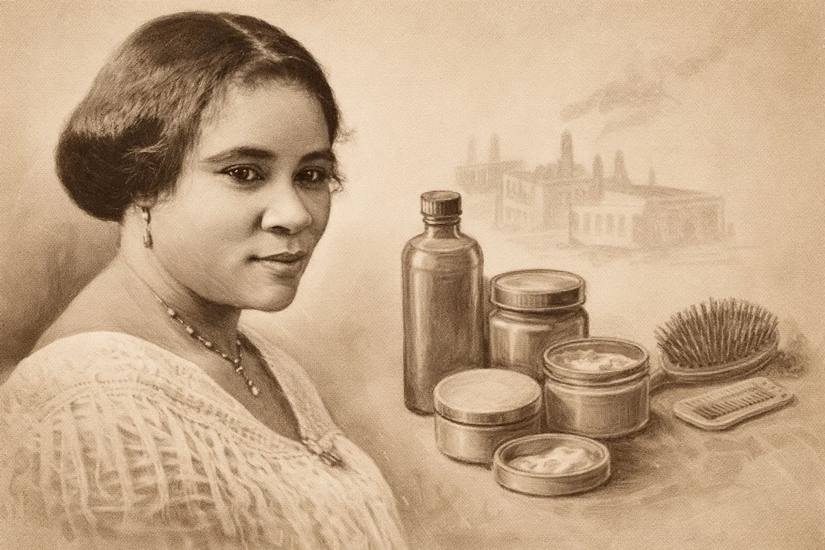 A sepia illustration of Madam C.J. Walker beside her hair-care tins, bottles and brushes, her factory in the background.