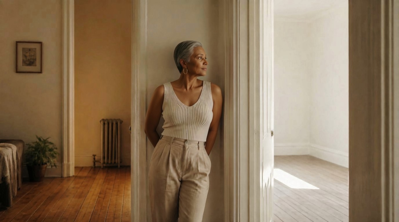 The same woman standing alone in a doorway, looking out into an empty sunlit room.
