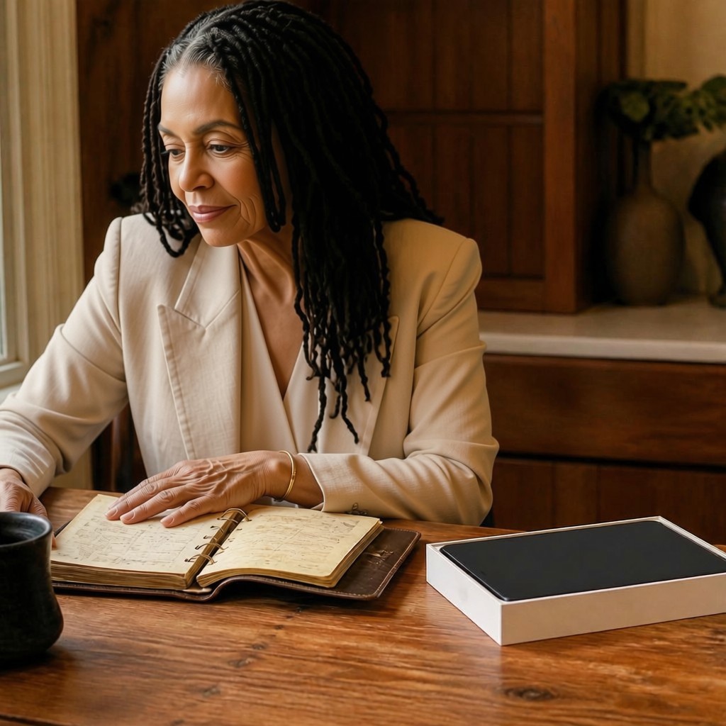 An older Black woman in a cream blazer at a wooden desk, hand resting on an open notebook, composed and capable.