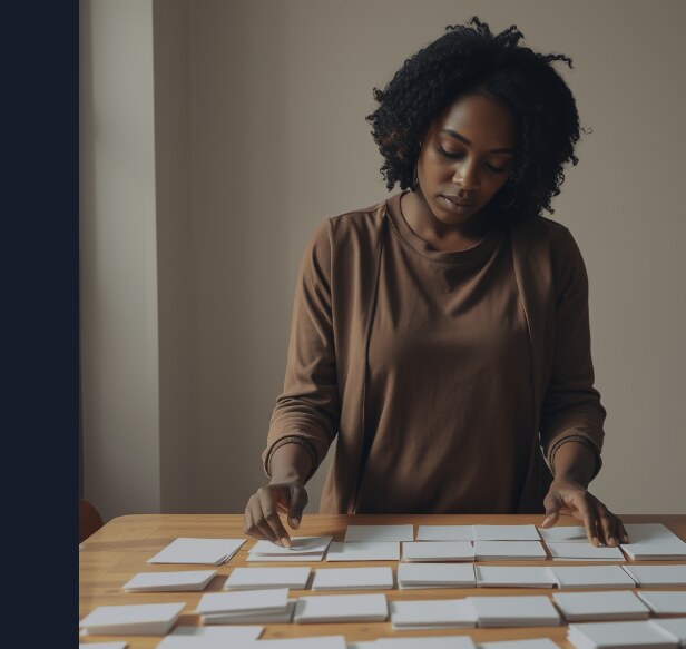 A Black woman standing alone at a table, arranging blank unbranded index cards into a clear structured grid, calm and focused.