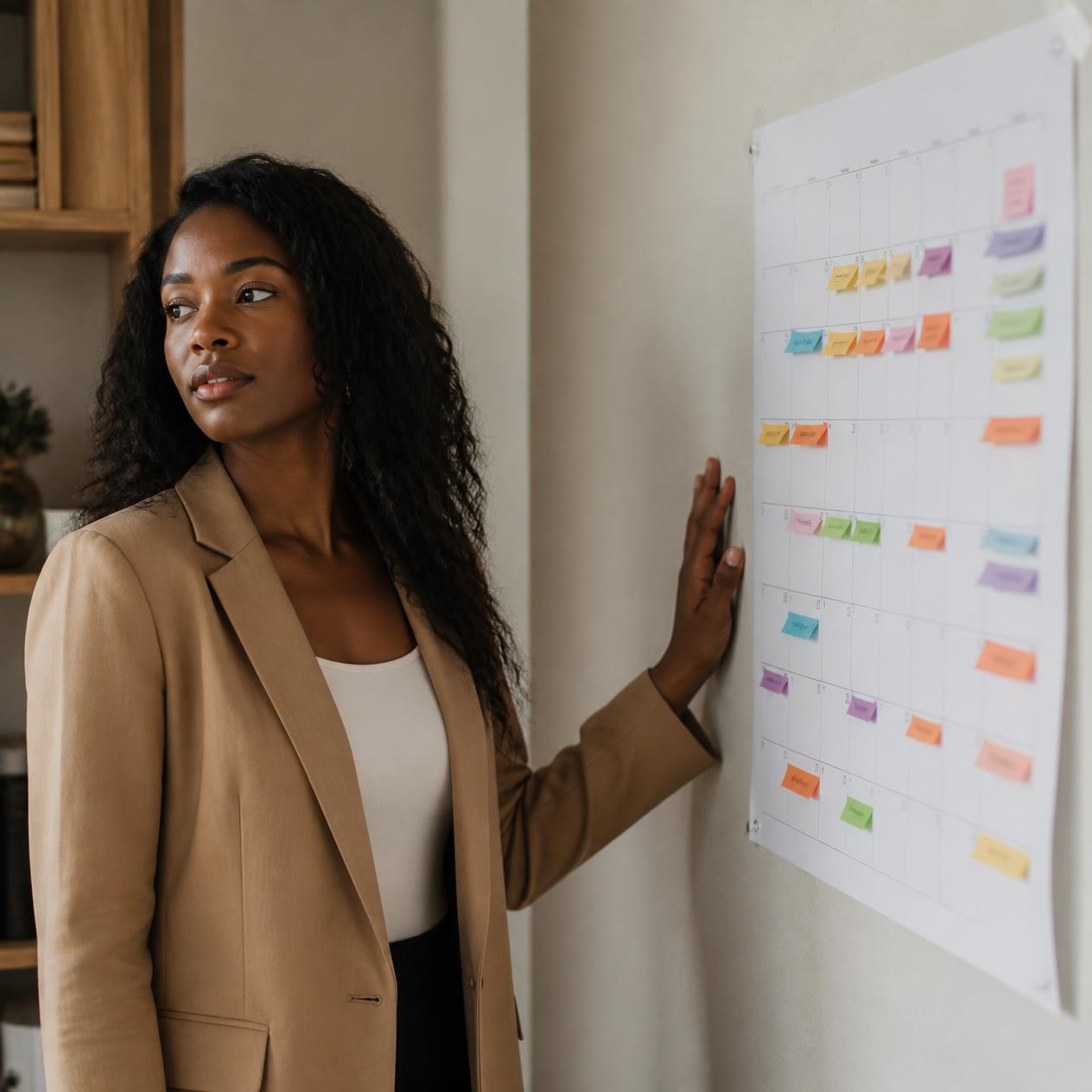 A Black woman in a camel blazer standing beside a color-coded wall calendar covered in sticky notes, composed and in control.