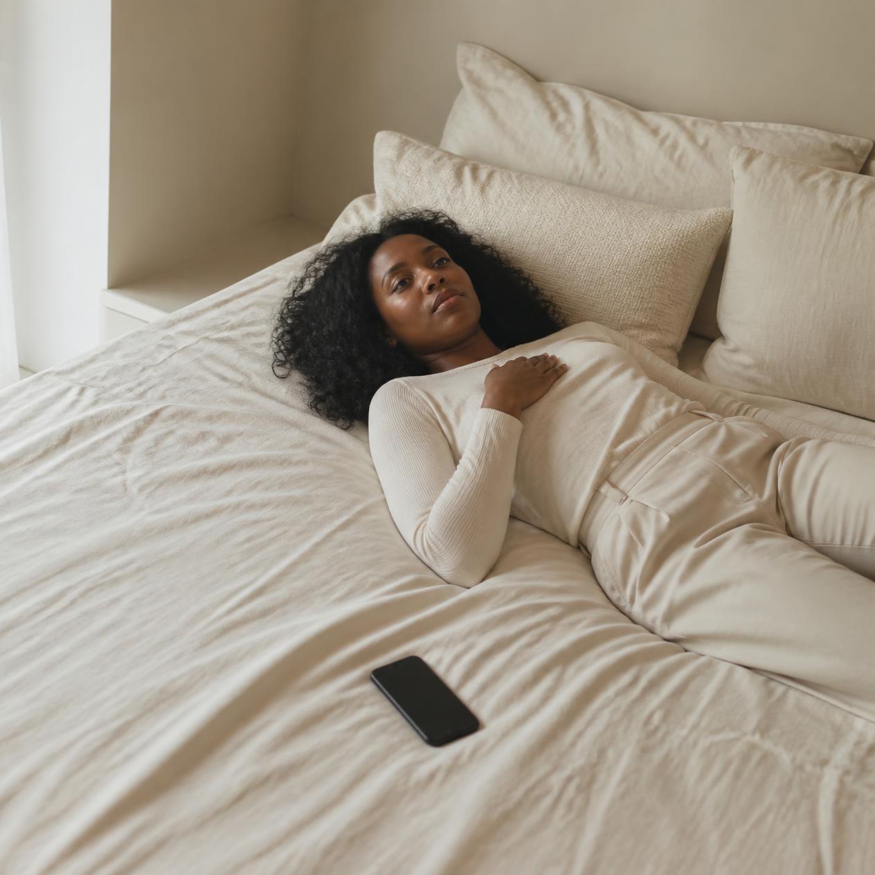 The same woman lying alone on her bed, staring at the ceiling, her phone face-down beside her.