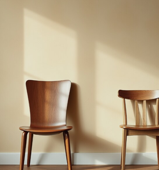 Two beautifully made chairs side by side against a plaster wall, one off-the-shelf, one visibly hand-joined with exposed joinery, both excellent.