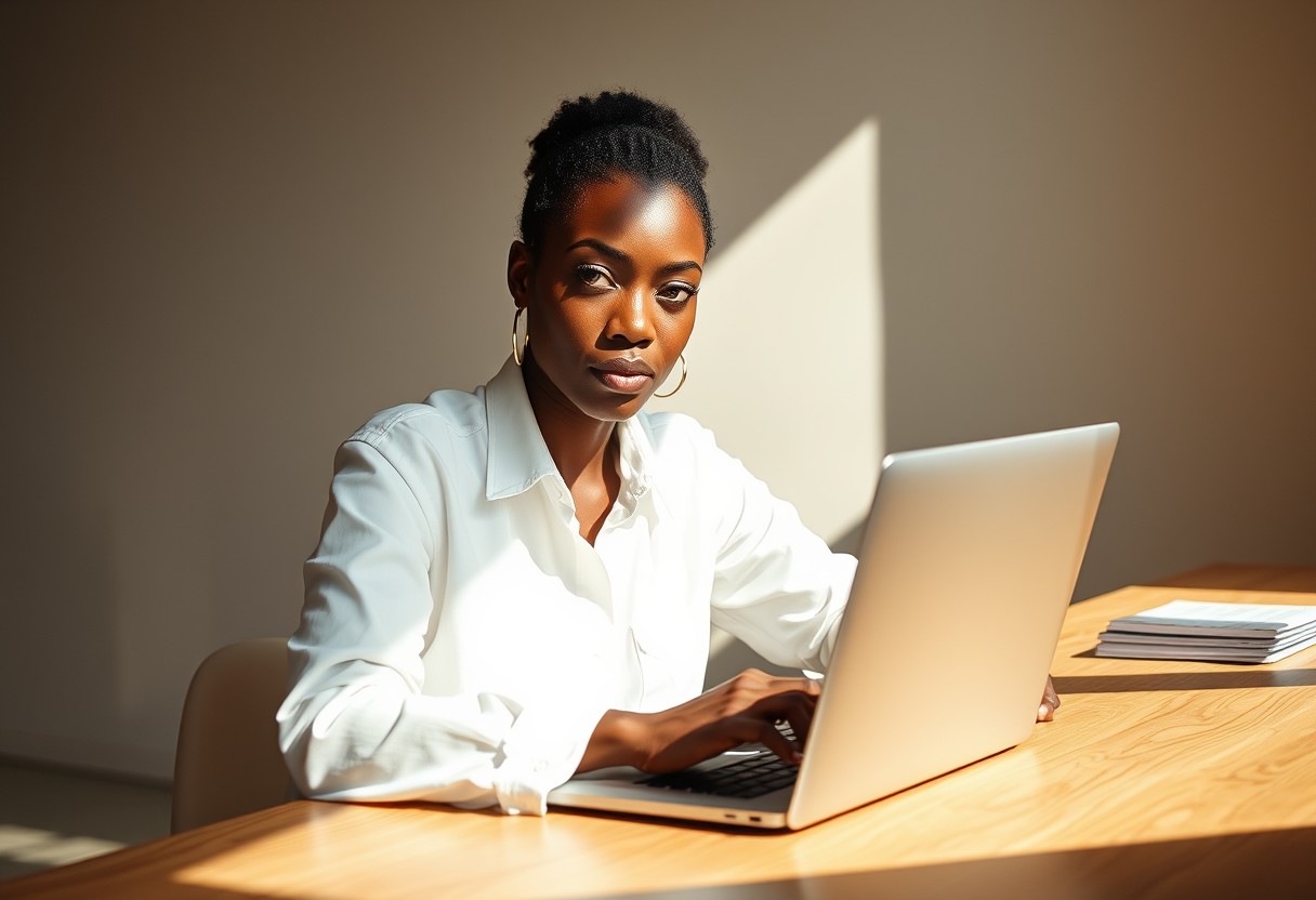 A Black woman in a white shirt at a sunlit desk, laptop open, one eyebrow slightly raised in amused skepticism at the screen, unbranded device. Bright natural daylight, real texture in cotton and wood.