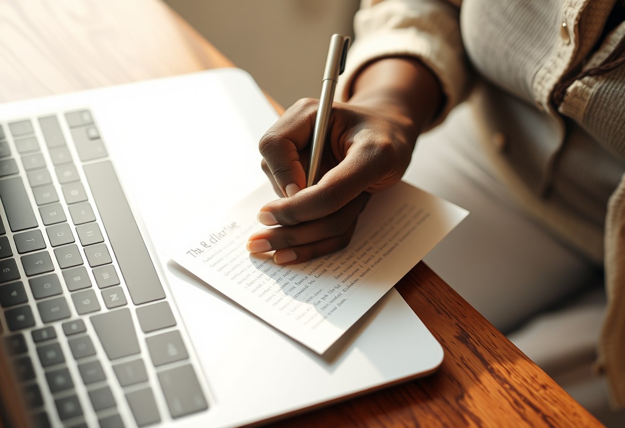 Close on a Black woman's hand writing a short note on paper beside an open laptop, calm and deliberate, warm afternoon light.
