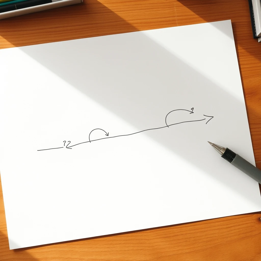 A single sheet of paper on a wood desk with a clean, deliberately non-linear timeline drawn on it in ink — branching and doubling back, still legible and confident.
