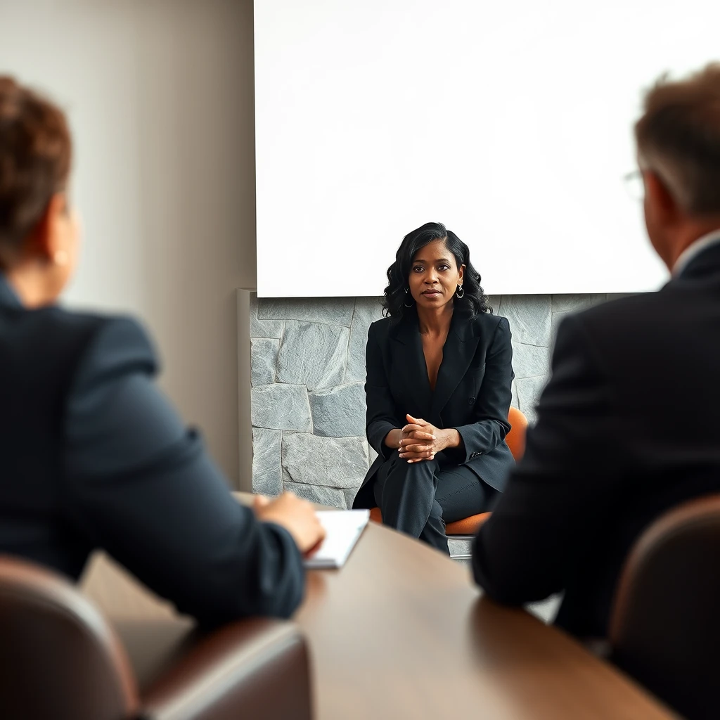 A Black woman in a black blazer sitting across from a blurred interviewer, hands loosely folded, unhurried and direct, mid-sentence.