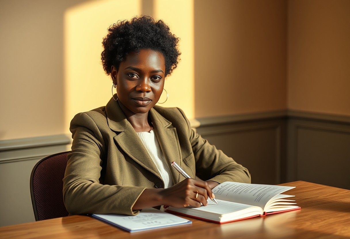 A Black woman in an olive blazer sitting calmly at a table doing simple math on a notepad, composed rather than anxious. Warm daylight, real texture in wool and paper.