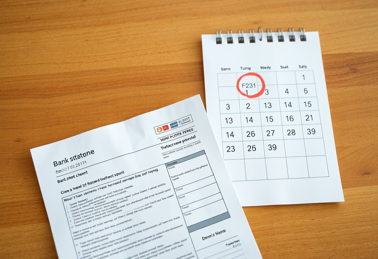 A single printed bank statement on a warm wood table beside a calendar page, a red circle marking one future date, no person in frame. Natural daylight, real texture in paper and wood.