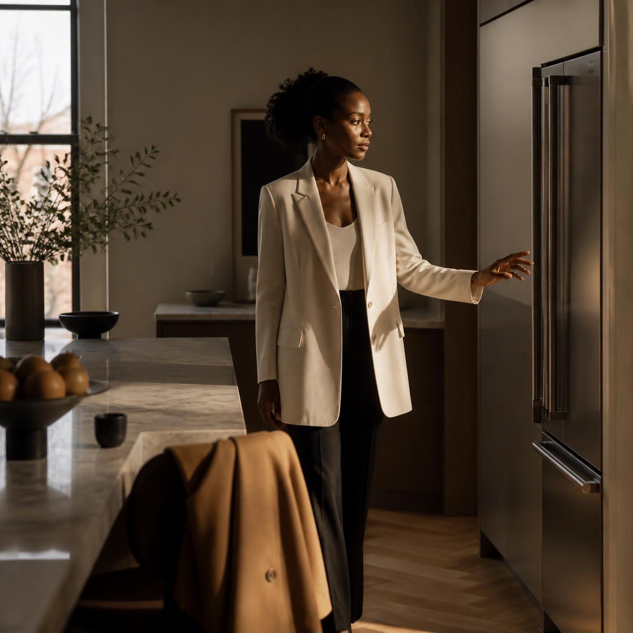 A Black woman in a cream blazer standing in a warm kitchen, her hand hovering just short of the refrigerator door, hesitating.