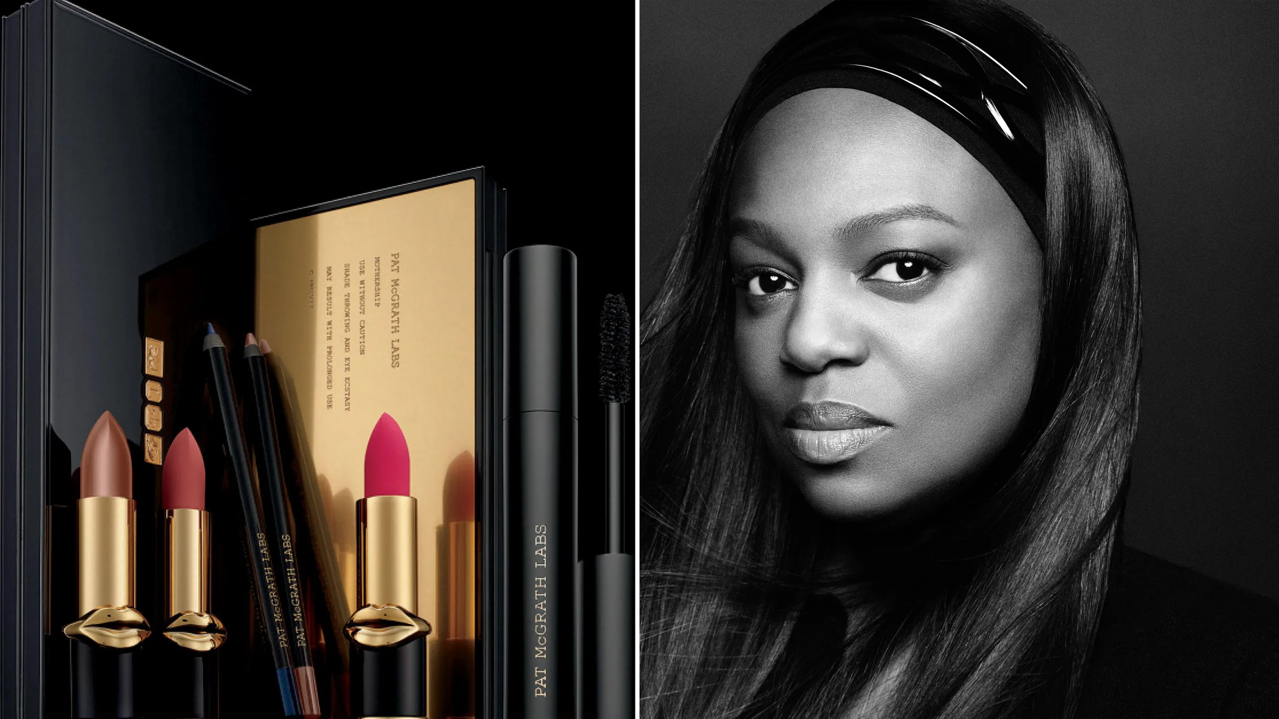 Pat McGrath Labs lipsticks and liners beside a black-and-white portrait of Pat McGrath in a headband.
