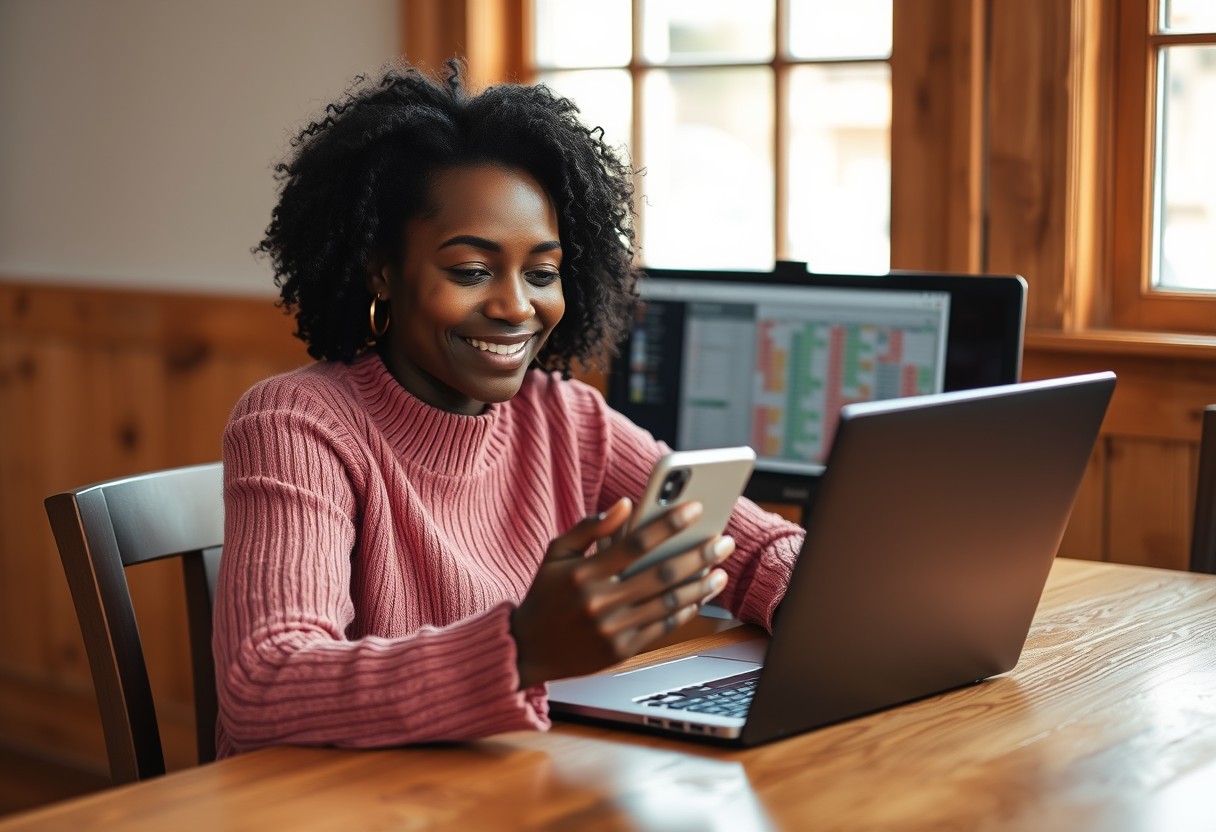 A Black woman in a rose knit top at a warm wood table, phone in hand mid-reply with an easy, satisfied expression, a second screen showing a spreadsheet slightly out of focus behind her. Natural window light, real texture in knit and wood.