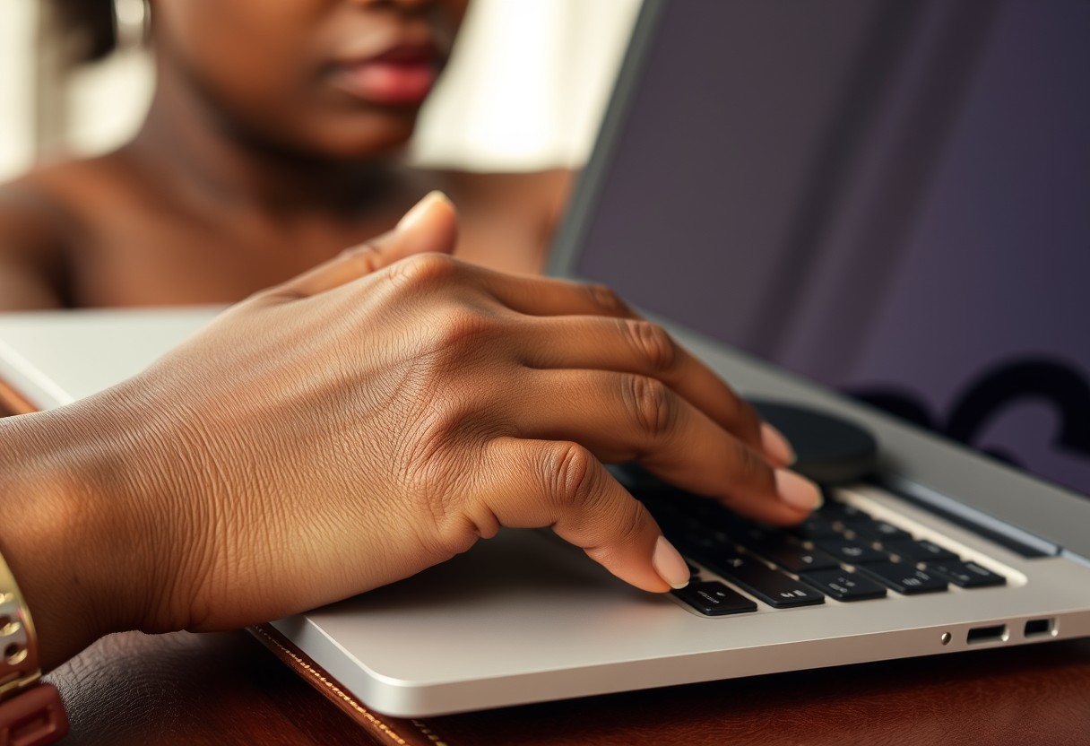 Close on a Black woman's hand resting on a closed laptop, a single unopened envelope-style notification icon visible faintly on a phone screen beside it, calm but slightly resigned expression out of frame. Soft afternoon light.