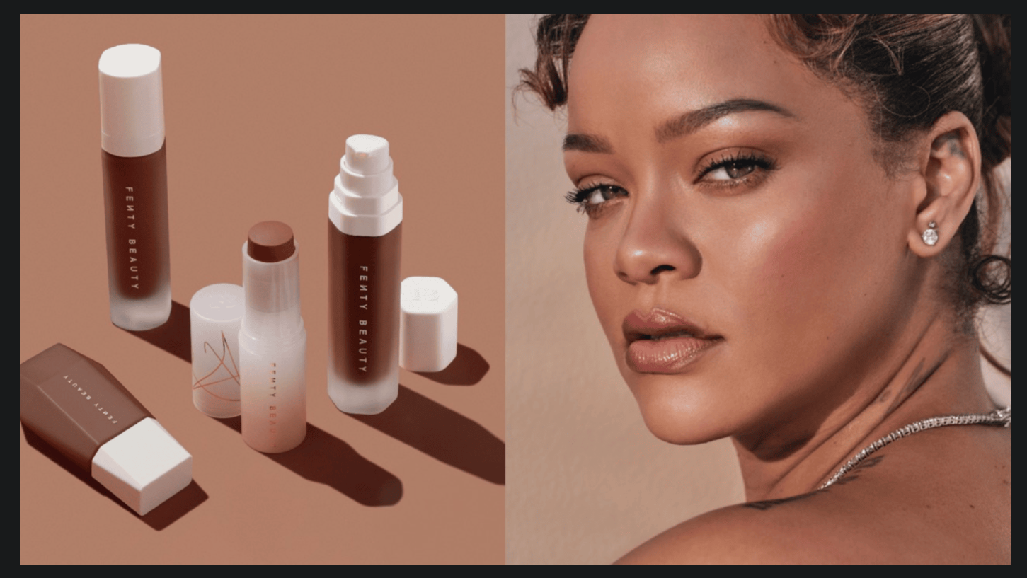 A Fenty Beauty product flat-lay in deep foundation shades beside a close-up portrait of Rihanna.