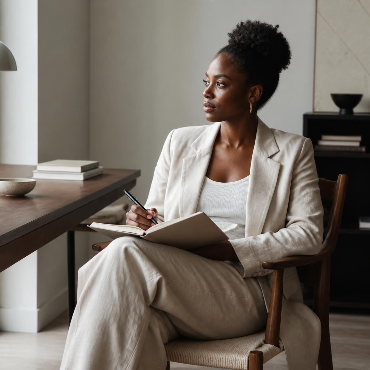 A Black woman in a cream blazer seated with a notebook and pen, looking off thoughtfully, composed but searching for the words.