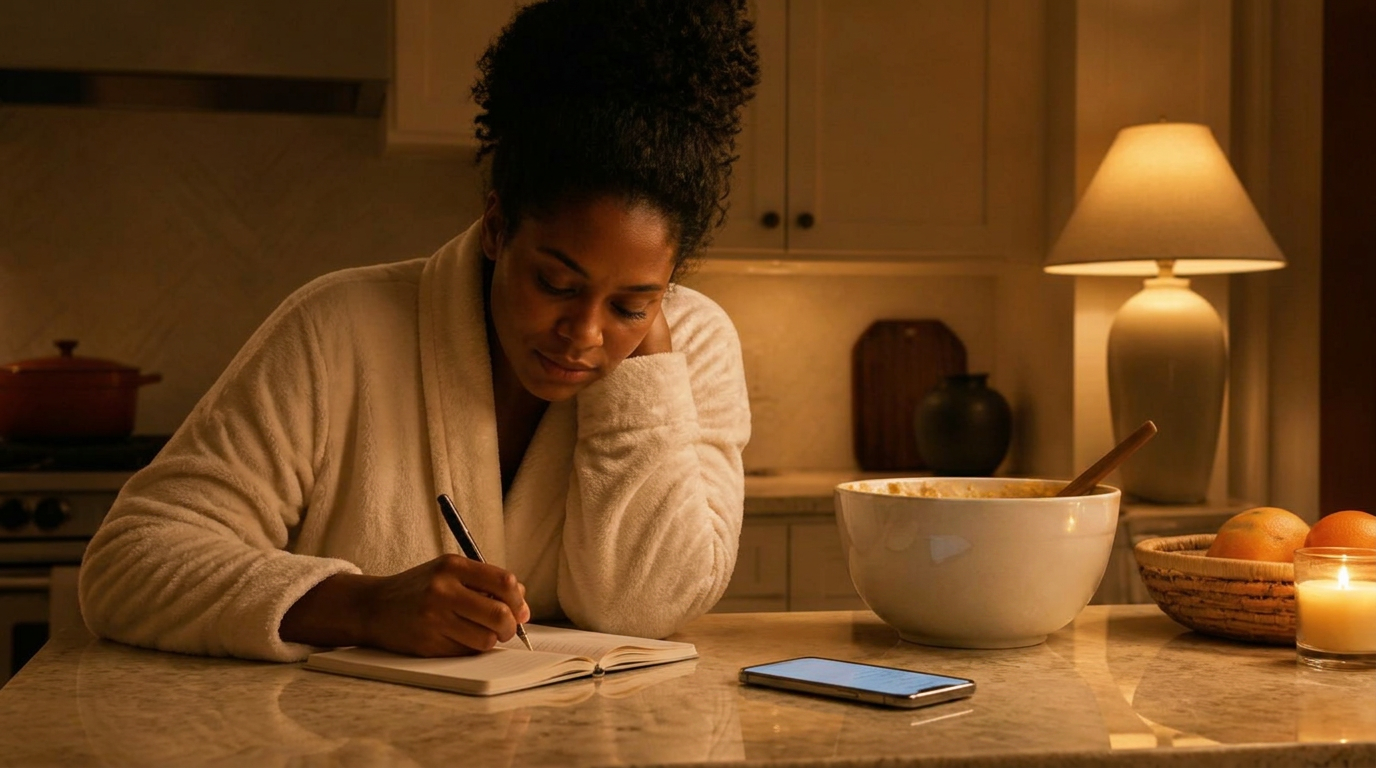 A phone lying flat on a kitchen counter late at night, the notes app open beside a mixing bowl.