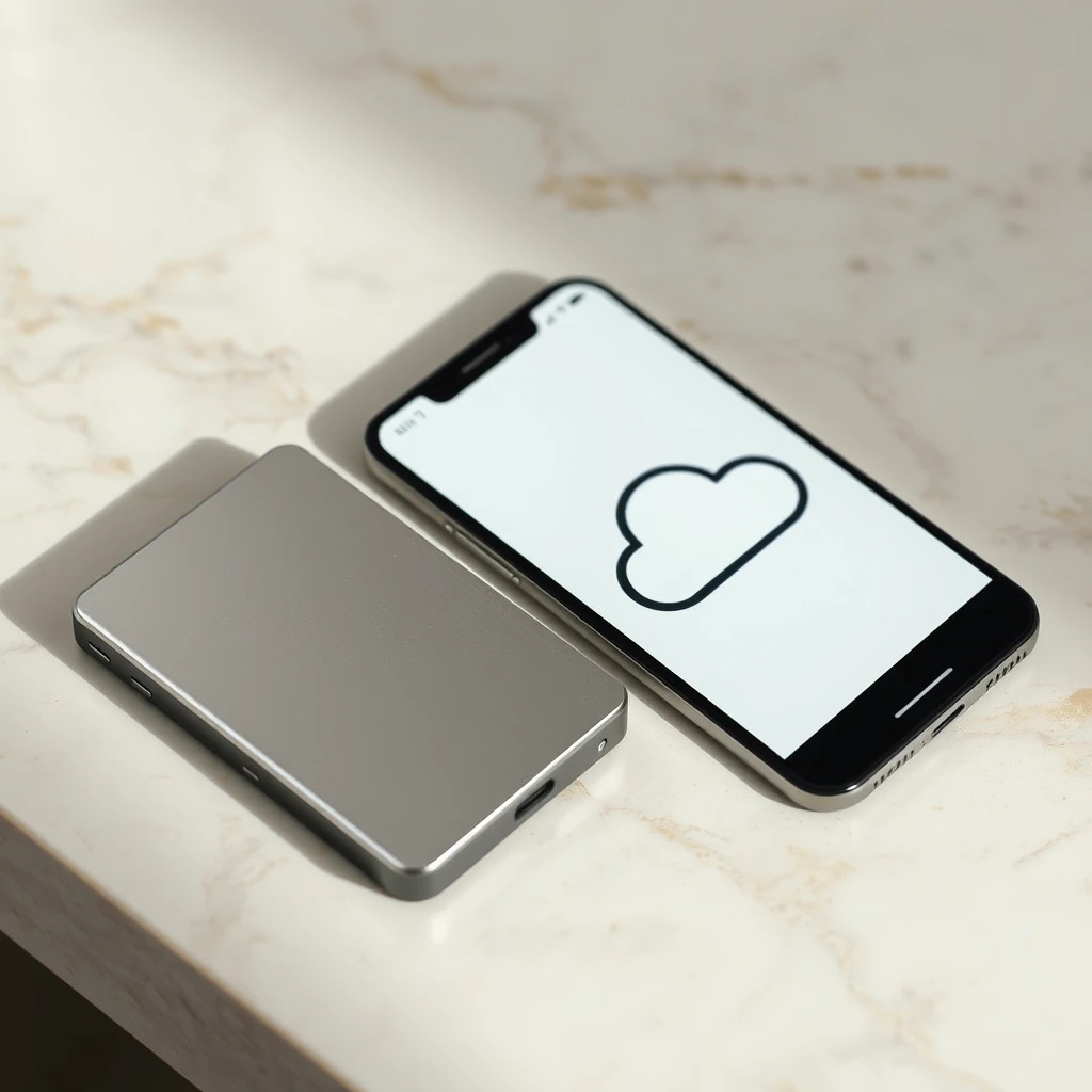 An ordinary external hard drive sitting on a marble surface beside a phone showing a generic cloud icon, the plain physical object placed directly next to the abstract symbol representing it.