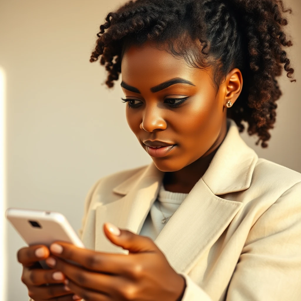 A woman asking the right question calmly: a Black woman in a cream blazer looking at her phone with a curious, unbothered expression, one eyebrow slightly raised, entirely composed rather than confused. Warm daylight, real texture in wool and skin.