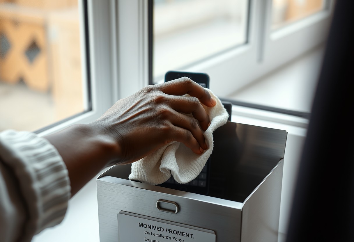 A Black woman's hand wiping a single old phone clean with a cloth before setting it into a small donation box, calm and deliberate. Natural window light, real texture in skin and brushed metal.