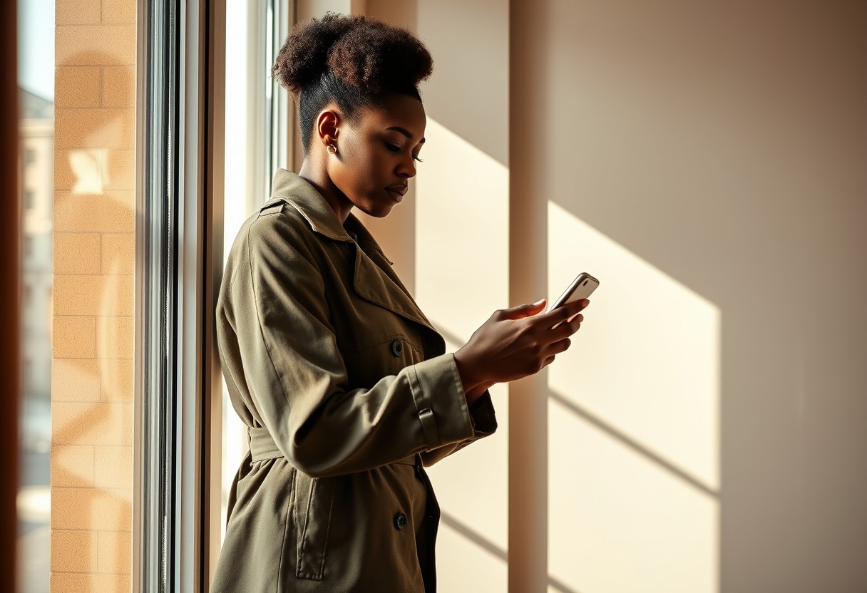 A Black woman in an olive trench coat standing at a window in soft daylight, phone in hand, looking at the screen with a thoughtful, unresolved expression rather than distress. Warm neutral interior, real texture in wool and glass.