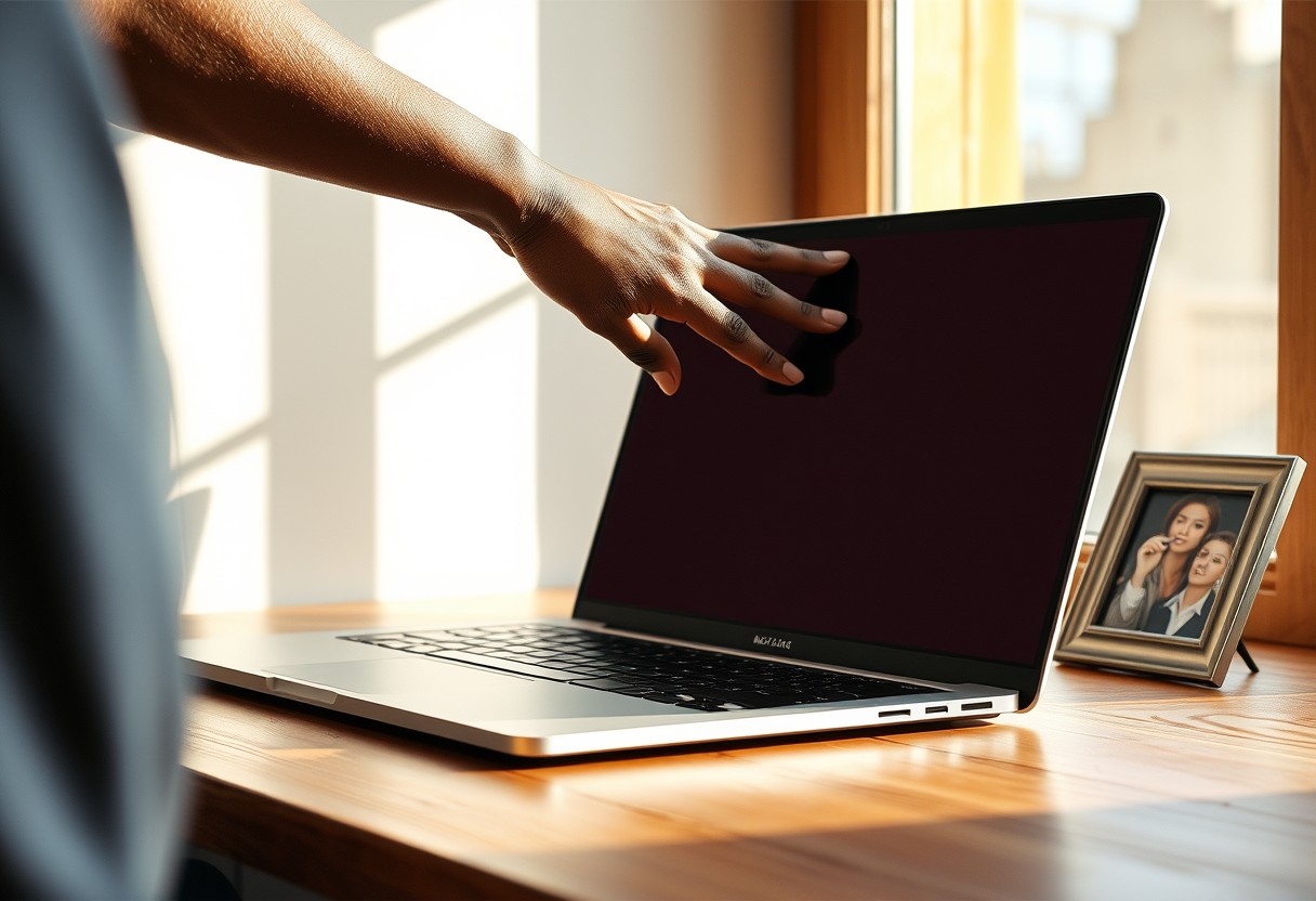 A Black woman's hand closing a laptop gently after finishing something, late afternoon light, a single photo frame turned slightly toward the window on the desk beside it.