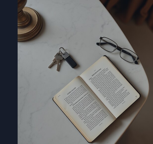 A small worn notebook open on a marble console beside a set of house keys and reading glasses, clearly the only copy.