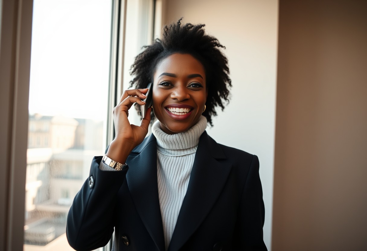 A Black woman in a black blazer on a phone call, standing at a bright window, expression open and warm as though catching up with someone she trusts. Natural daylight, real texture in wool and glass.