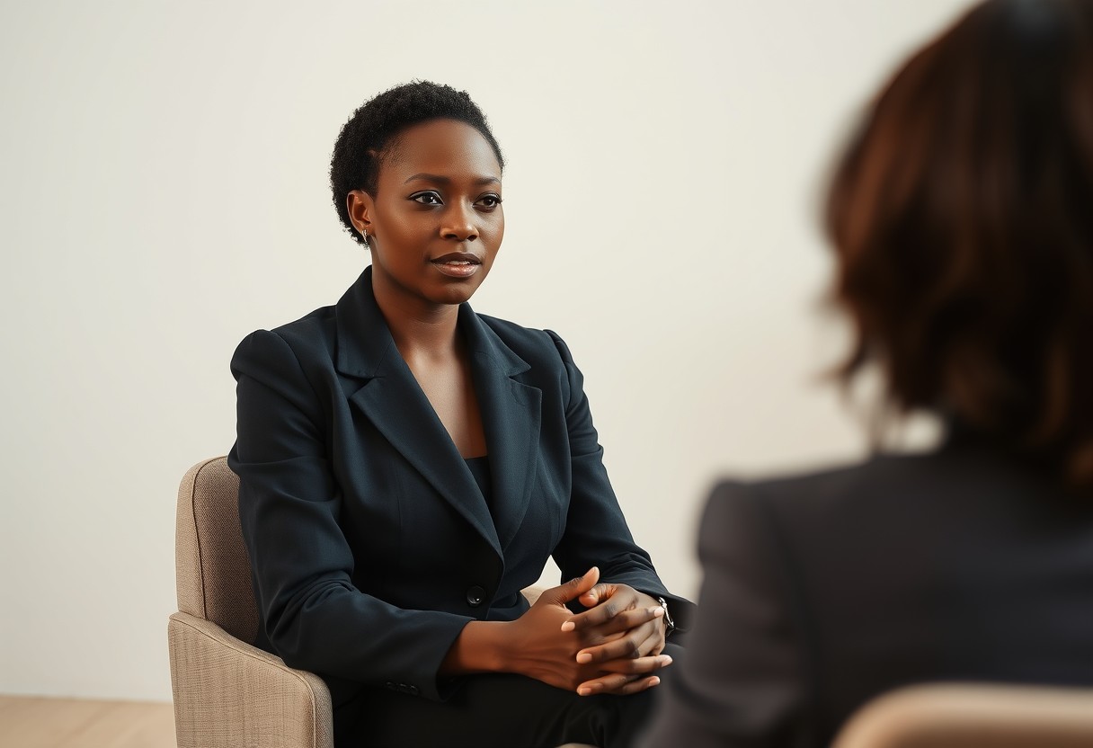 A Black woman in a black blazer seated across from a blurred interviewer, composed and direct, hands loosely folded. Natural daylight, real texture in wool.