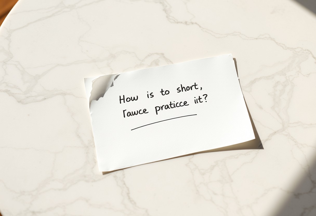 A single sheet of paper with a short handwritten sentence practiced and crossed out twice before a final clean version, resting on a marble table, no person in frame. Warm daylight, real texture in paper and marble.
