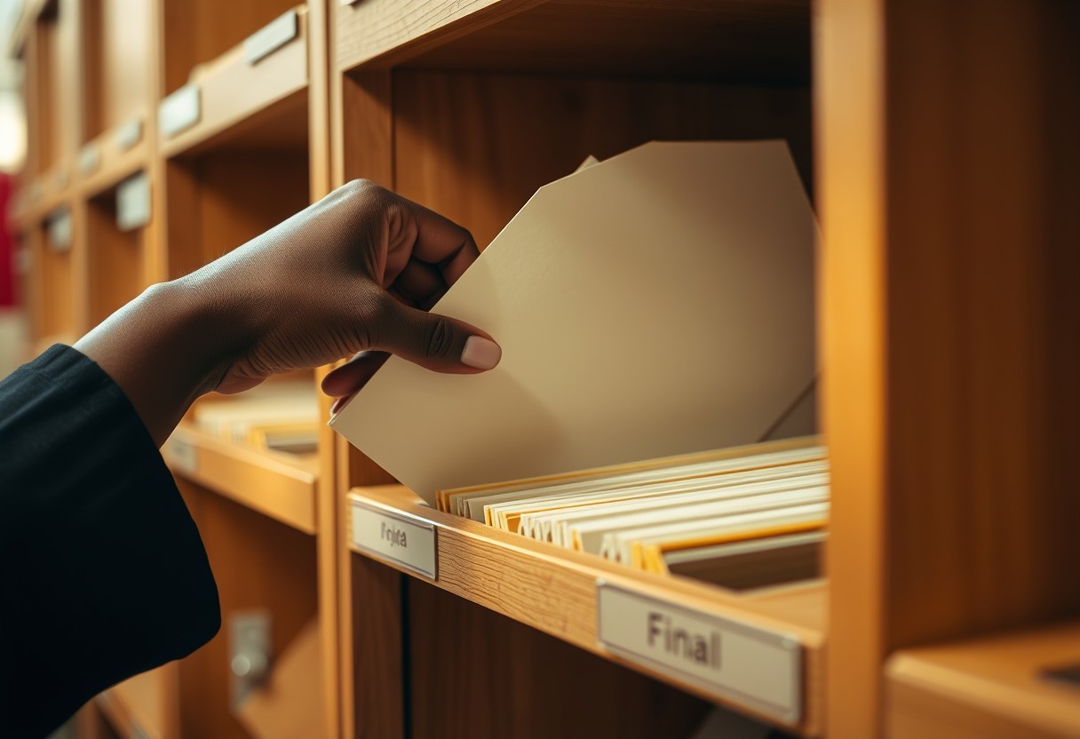 A Black woman's hand placing a single folder into a labeled shelf slot, deliberate and final, other folders neatly arranged around it. Warm daylight, real texture in paper and wood.