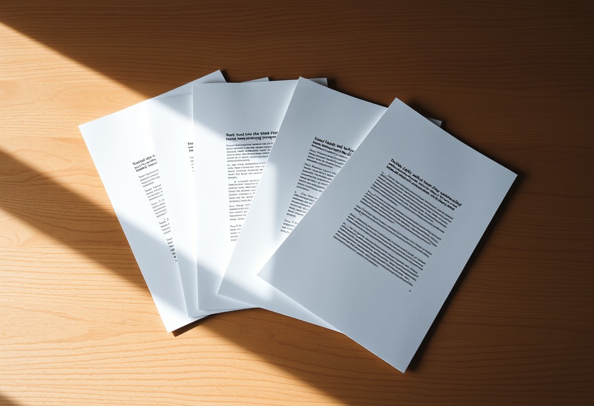 Four identical-looking paper documents fanned slightly across a wood desk, each with a slightly different visible edit mark, no text legible, no person in frame. Natural daylight, real texture in paper and wood grain.
