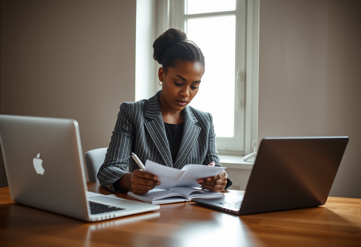 A Black woman in a grey pinstripe blazer sitting at a table, reviewing handwritten notes with quiet, focused confidence, unbranded laptop open beside her. Natural window light, real texture in wool and paper.