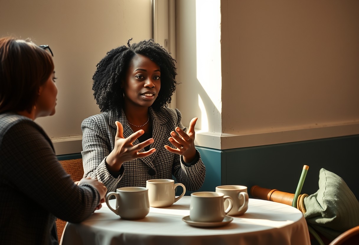 A Black woman mid-conversation at a small round table with another woman, gesturing naturally as she explains something, warm daylight, real texture in linen and ceramic mugs.