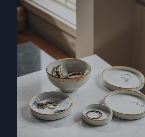 One ceramic bowl on a marble counter holding far too many things at once, while three empty, purpose-made trays sit unused beside it.