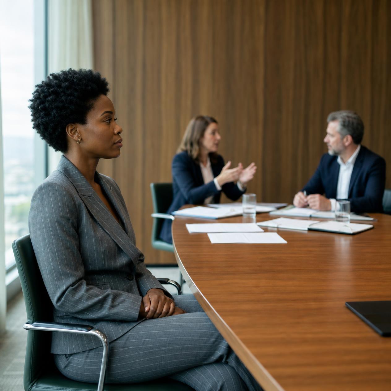 A Black woman in a grey pinstripe suit seated at a conference table, hands resting still in her lap, deliberately not reaching for the papers scattered in front of her.