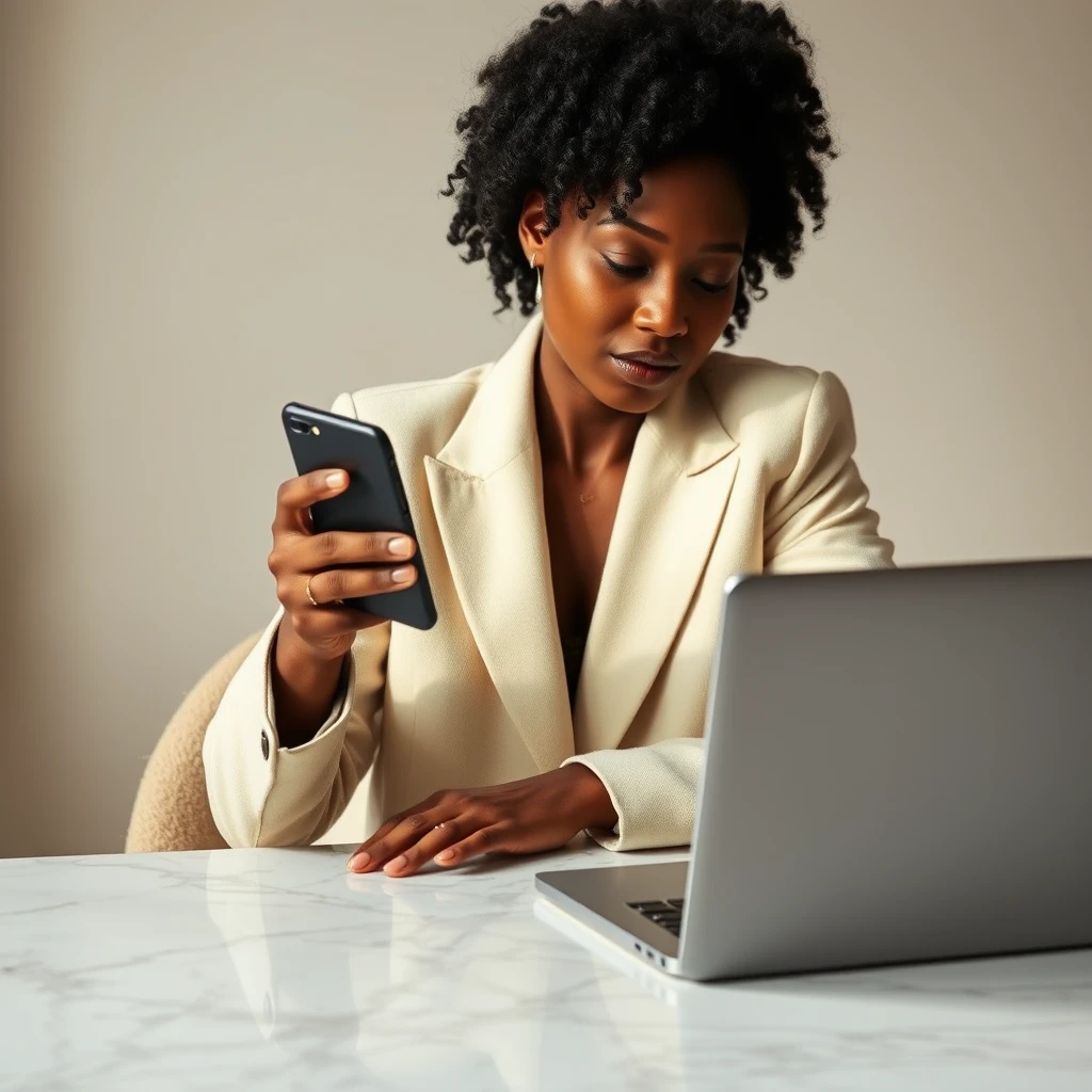 A Black woman in a cream blazer glancing at an unbranded phone screen turned away from camera while seated at a marble table, a laptop open beside her showing a simple login field, calm and unbothered mid-interruption rather than frustrated. Natural daylight, real texture in wool and marble.