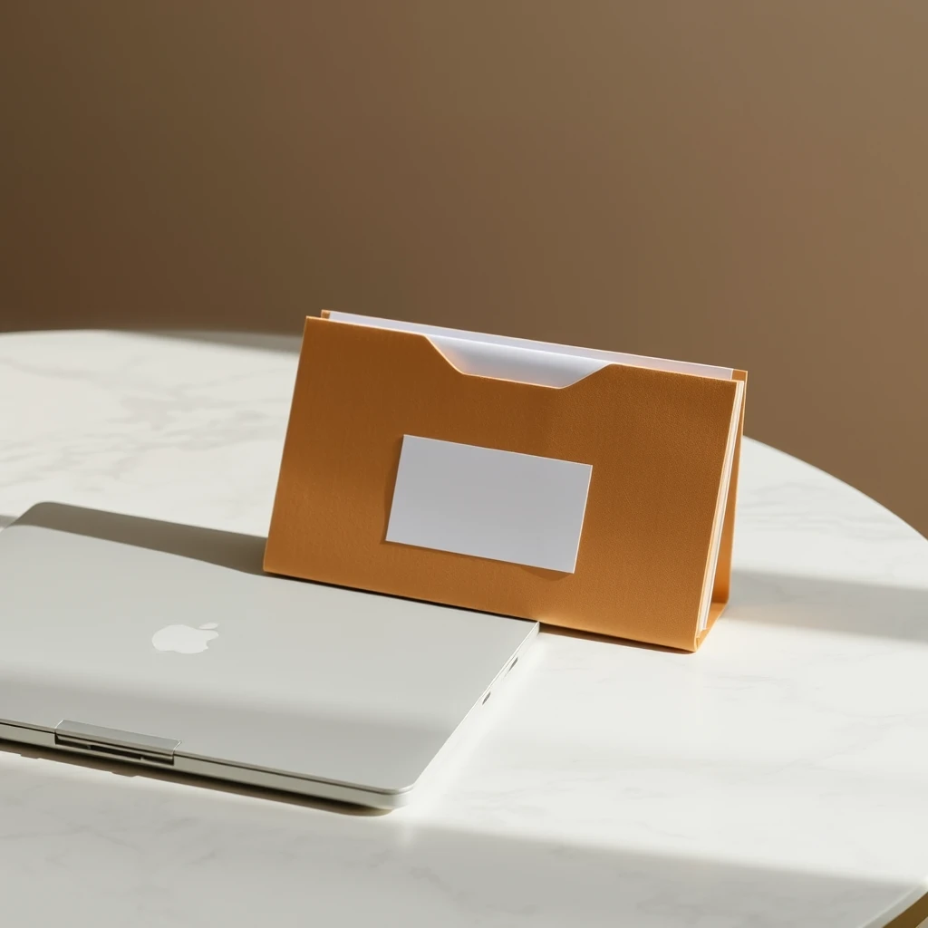 A single manila folder, thick and clearly labeled, sitting closed on a marble table beside a closed unbranded laptop — the paper trail as substantial as the software itself.
