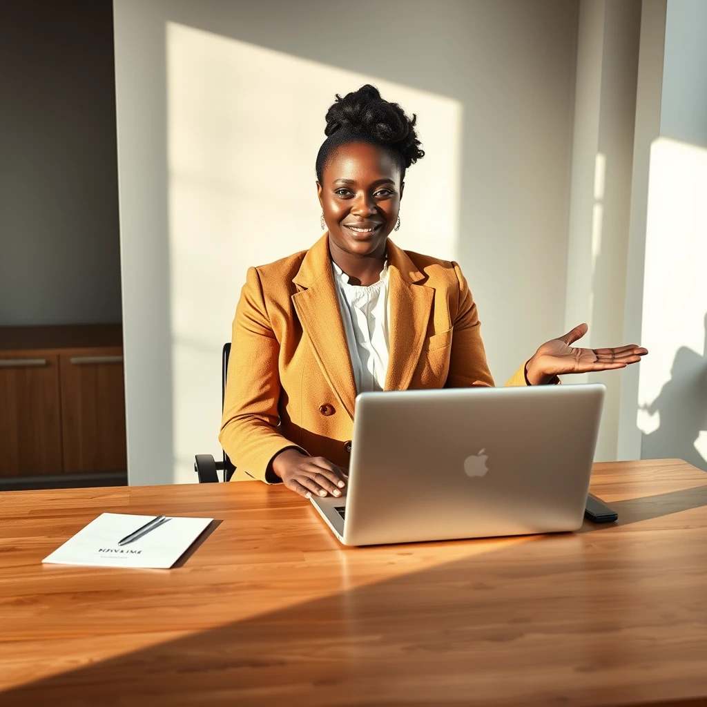 A founder who owns what she paid for: a Black woman in a camel blazer at a modern desk, both hands resting flat and open on a closed laptop, entirely at ease, as though it's clearly hers and always was. Warm daylight, real texture in wool and wood.