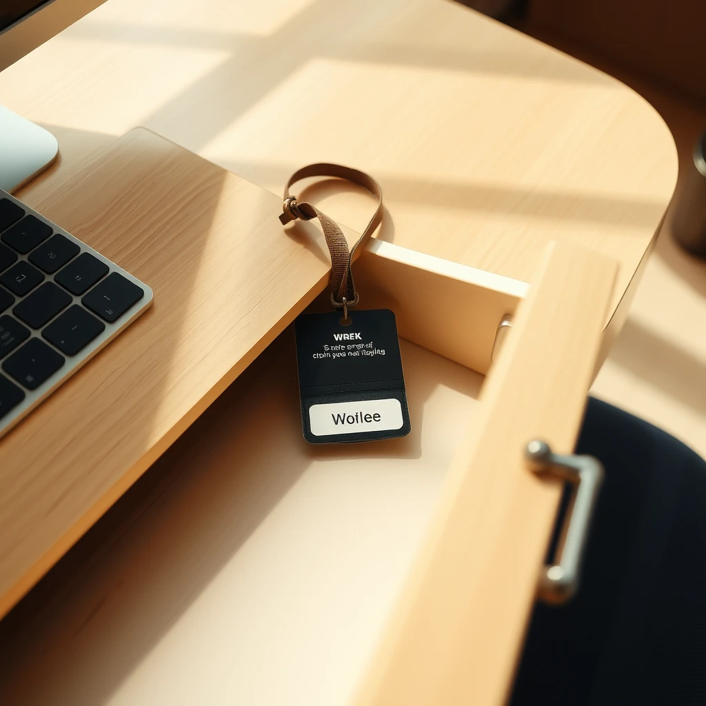 A single worn work badge or lanyard resting on an otherwise empty desk, drawer half-open beside it, the desk cleared and calm rather than dramatic.